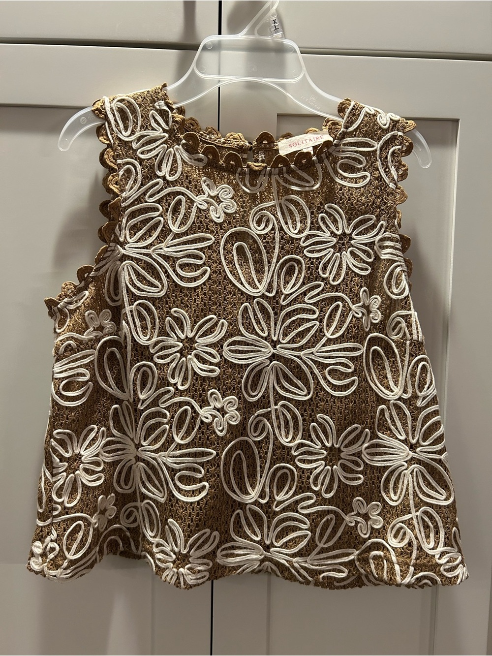 Solitaire Brown Open Stitch Floral Appliqué Sleeveless Top